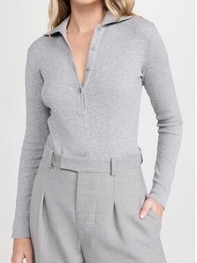 Vince Ribbed Long-Sleeve Polo Top - Light Gray